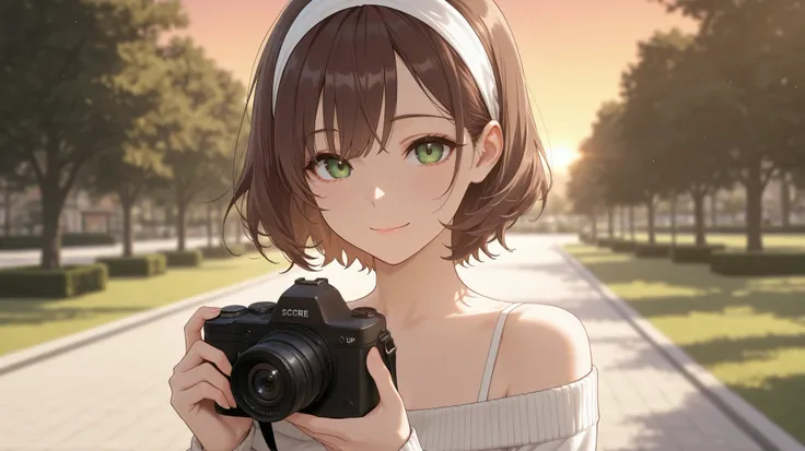 score_9, score_8_up, score_7_up, masterpiece, best quality, detailed face, 1 girl, solo, beautiful, modest chest, slender body, mature, light makeup, adorable, sharp eyes, closed mouth, gentle smile,
short hair, wavy brown hair, side bangs, short tidy ban...