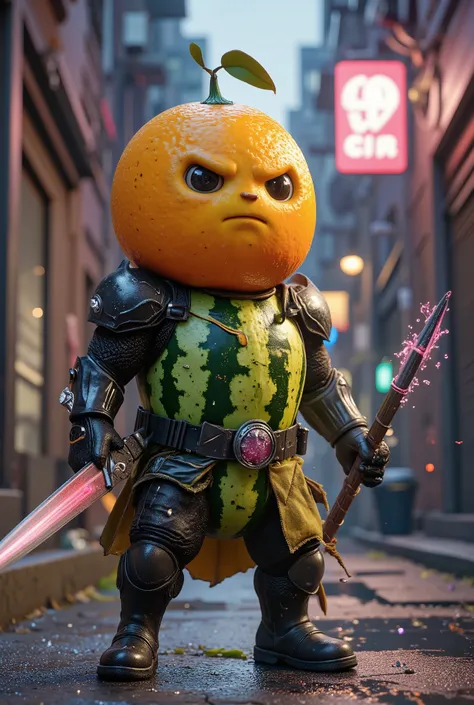 {{A ((dynamic and chaotic)) depiction of {((fruit-themed warriors in combat, wielding watermelon grenades and strawberry blades))}}} with {((explosions of juice, neon splashes, and fruity shrapnel mid-battle))}. This is a {((cyberpunk surrealism))}-inspire...