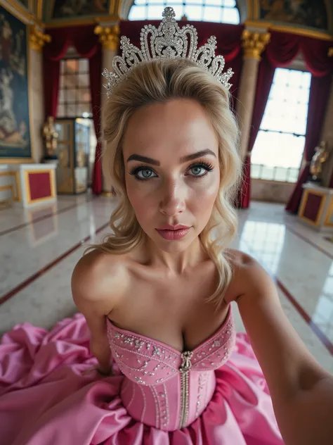 A close-up selfie photograph of a badass queen of hearts, age 20, blonde hair,44dd natural perky saggy breasts, taken with a GoPro Hero, inside a majestic throne room. The queen has a regal posture, an elaborate updo, and piercing eyes. She wears a jeweled...
