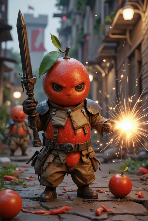 {{A ((intense and gritty)) depiction of {((a dystopian fruit army launching a full-scale assault with watermelon grenades and citrus cannons))}}} with {((flying pulp debris, vapor trails, and stylized gore of fruit juice))}. This is a {((post-apocalyptic m...