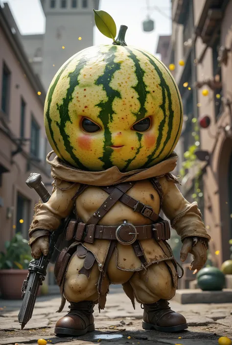 {{A ((intense and gritty)) depiction of {((a dystopian fruit army launching a full-scale assault with watermelon grenades and citrus cannons))}}} with {((flying pulp debris, vapor trails, and stylized gore of fruit juice))}. This is a {((post-apocalyptic m...
