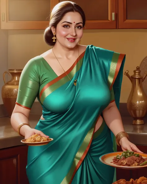 (Centered composition, cinematic lighting, detailed background) — A high-resolution, ultra-detailed painting in the style of renowned Indian artist Manimala. The scene shows a graceful, curvaceous Indian woman around 45 years old, dressed traditionally in ...