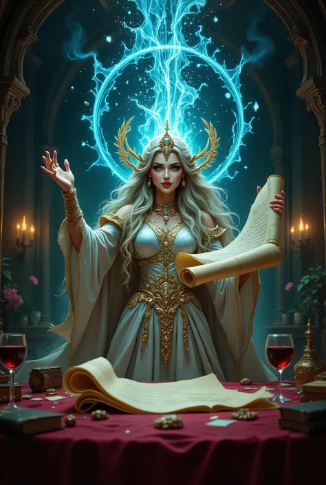 sorceress, The Witch with Long Hair, With a cool smile, Reaches out her hand on which a scroll of parchment ancient symbols sparkle, the parchment is rolled up into a gold-framed tube, very beautiful and detailed, mystical room, table the small books on th...