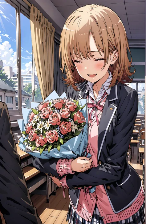 Irohaisshiki, Ishizaki Iroha, solo,short hair,close your eyes,brown hair,smile,blush,open your mouth,skirt for ears, shirt, ribbon, uniform, jacket, white shirt, opens clothes, open jacket, black jacket, plaid, plaid skirt for ears, blazer, cardigan,pink c...