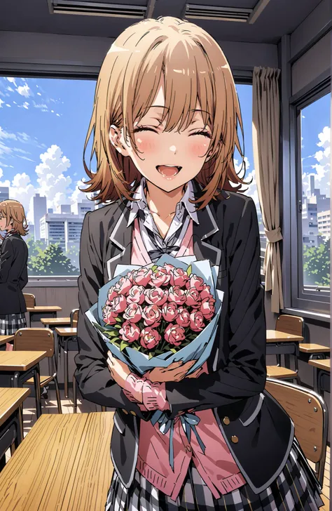 Irohaisshiki, Ishizaki Iroha, solo,short hair,close your eyes,brown hair,smile,blush,open your mouth,skirt for ears, shirt, ribbon, uniform, jacket, white shirt, opens clothes, open jacket, black jacket, plaid, plaid skirt for ears, blazer, cardigan,pink c...