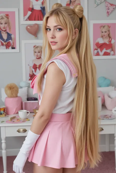 Create a hyper-realistic photograph of a beautiful 20-year-old girl with pale skin. She has very long straight blonde hair styled in two buns, resembling twin tails. She is wearing a Sailormoon costume and is turning around, captured from behind. The backg...