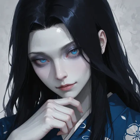 Beautiful Japanese man with long dark hair and pale skin、blue eyes, Face of abandonment、 slender and tall 、I'm wearing a kimono
full body、 is cool