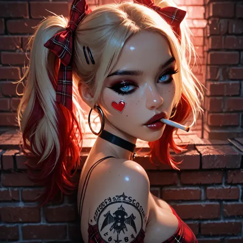 24 year old girl, leaning back against old brick wall, tattoo sleeve, juicy full lips, glossy lips, view from side, blue eyes, dark makeup, dark eyeliner, dark red shiny lipstick, alt girl, cigarette in mouth, black fingernails, black choker, close up, 1gi...