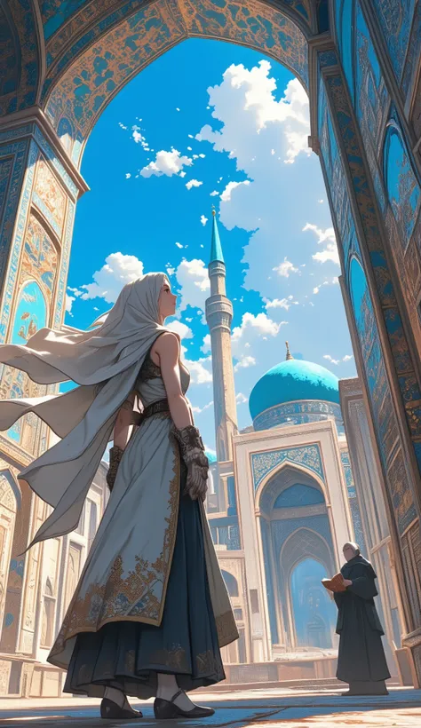 (8k, top quality, Masterpiece , Final Fantasy Style: 1.2), ( realistic , photo realistic : 1.37), super detailed, one girl,The beautiful mosques of Samarkand, Samarkand blue, , clear blue skies, a priest, the Quran, and a female traveler wearing a v...