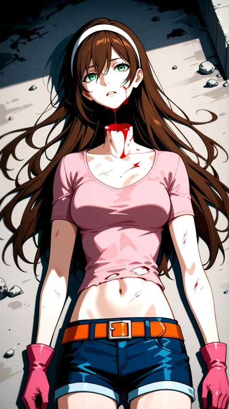Half-body view of a beautiful woman with long brown hair and full spiky bangs, green eyes, beheading, decapitated head, bloody neck, severed neck, medium chest, her body is full of scratches, wear a white hairband, wear ruined clothes, wear a fit pink leat...
