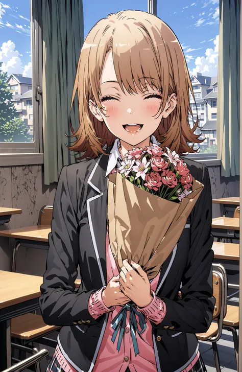 Irohaisshiki, Ishizaki Iroha, solo,short hair,close your eyes,brown hair,smile,blush,open your mouth,skirt for ears, shirt, ribbon, uniform, jacket, white shirt, opens clothes, open jacket, black jacket, plaid, plaid skirt for ears, blazer, cardigan,pink c...