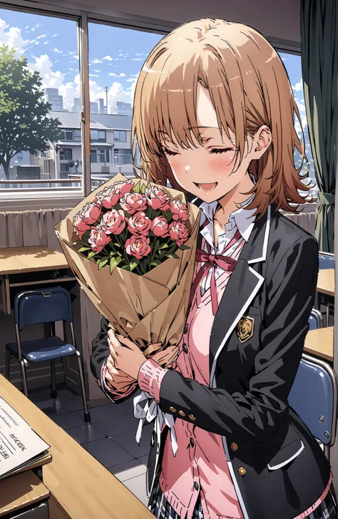 Irohaisshiki, Ishizaki Iroha, solo,short hair,close your eyes,brown hair,smile,blush,open your mouth,skirt for ears, shirt, ribbon, uniform, jacket, white shirt, opens clothes, open jacket, black jacket, plaid, plaid skirt for ears, blazer, cardigan,pink c...