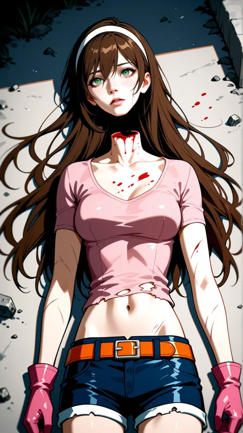Half-body view of a beautiful woman with long brown hair and full spiky bangs, green eyes, beheading, decapitated head, bloody neck, severed neck, medium chest, her body is full of scratches, wear a white hairband, wear ruined clothes, wear a fit pink leat...