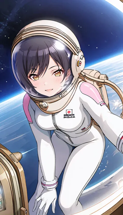 (spacesuit:1.15), white cargo pants, astronaut)bubble helmet, space helmet, white gloves, smiling, open mouth, selfie image, bend over, outer space, floating, alone, masterpiece, best quality, 1girl, beautiful, solo, ShiraseSakuya, black hair, bangs, yello...