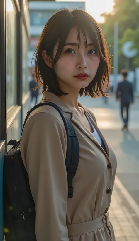 Dramatic scene, top quality, alone, full body shot, in front of a crowded station in the morning, Outdoors, commute, Morning light shines, tree々sunlight shining through the pond, BEAUTIFUL JAPANESE WOMAN'S FACE, light makeup, from the side:1.331, 8k, Photo...