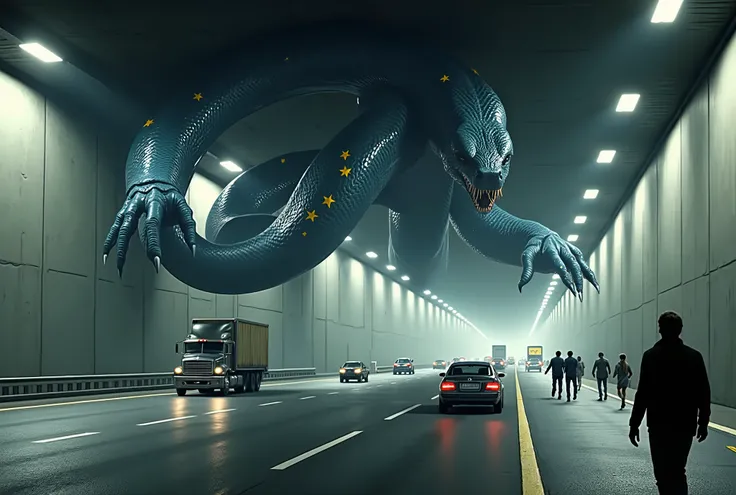netflix movie screencap, giant-sized anthropomorphic dark-blue snake /(arms and legs like a human, mesnek, a few dark-yellow stars on the body)/ crawling through a confined highway tunnel, the gallery is illuminated by lights on the ceiling, with microscop...