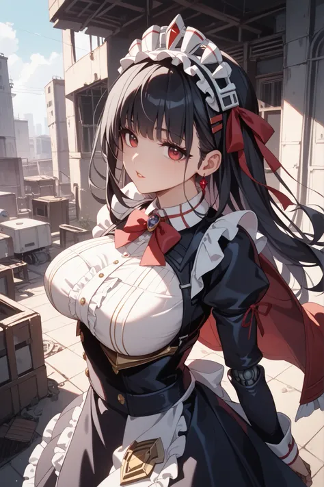 red eyes、long black hair、 Gothic Lolita Dress 、classic apron、black ruffle skirt、 Bulletproof Vest 、Chestplate、long jacket、(headgear、 robot joints ) 、((extremely big breasts))、anime-style、HD、High Quality、abandoned city