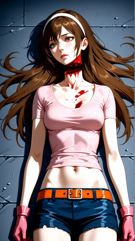 Half-body view of a beautiful woman with long brown hair and full spiky bangs, green eyes, beheading, decapitated head, bloody neck, severed neck, medium chest, her body is full of scratches, wear a white hairband, wear ruined clothes, wear a fit pink leat...