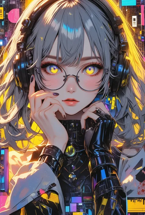 glasses、glasses、glowing eyes、long hair, gray hair, masterpiece, top quality, very beautiful, absurd, with bangs, glasses, yellow eyes,yellow eyes, glasses、 breathtakingly beautiful,  That's Too Beautiful、Reminds me of death, ジャズを演奏する日本人female, mixed media ...