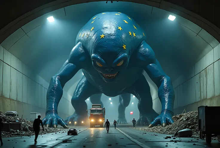 netflix movie screencap, giant-sized anthropomorphic dark-blue slime blob /(arms and legs like a human, a few dark-yellow stars on the dark-blue body)/ crawling through a confined highway tunnel, the gallery it's just lit up by lights on the ceiling, with ...
