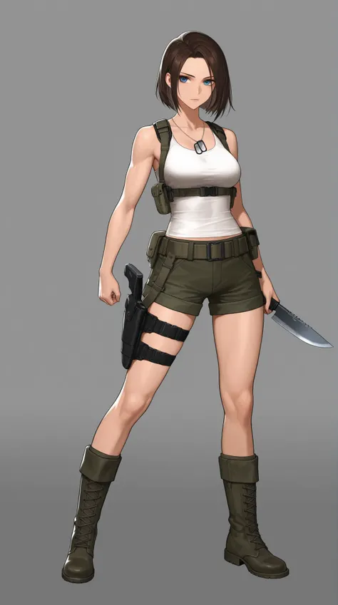 Cool Beauty, belt, harness, tank top shirt , leg holster, arm survival knife holster, Dog Tags, Army Boots,