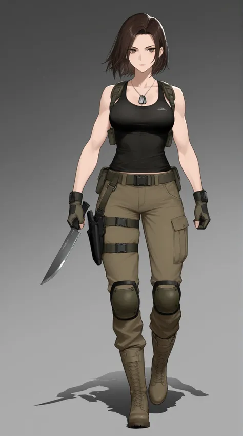 Cool Beauty, belt, harness, tank top shirt , leg holster, arm survival knife holster, Dog Tags, Army Boots,