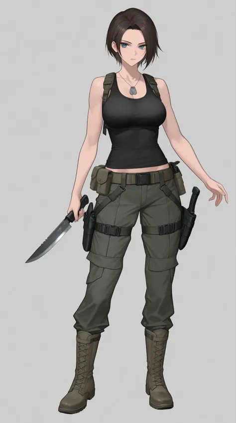 Cool Beauty, belt, harness, tank top shirt , leg holster, arm survival knife holster, Dog Tags, Army Boots,