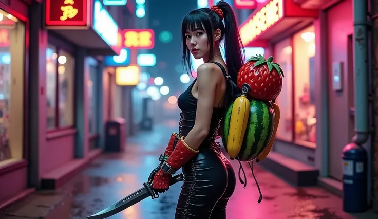 A stylish female warrior wearing black pantyhose, standing in a neon-lit cyberpunk alley at night, viewed from a low angle. She is dramatically posing with a banana-shaped knife in hand, a giant strawberry bazooka on her back, and watermelon grenades attac...