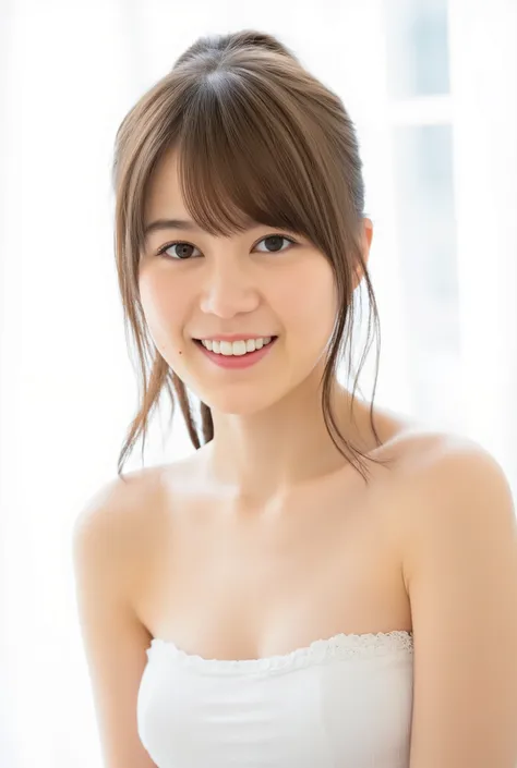 In this high-resolution photo、and bangs _Erica. she's a young Japanese woman named Ikuta with brown hair that reaches her shoulders、((white underwear))、I have white skin. She is looking straight into the camera、 with a joyful expression. The background is ...