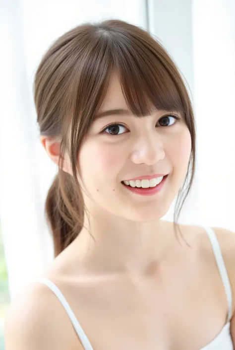 In this high-resolution photo、and bangs _Erica. she's a young Japanese woman named Ikuta with brown hair that reaches her shoulders、((white underwear))、I have white skin. She is looking straight into the camera、 with a joyful expression. The background is ...