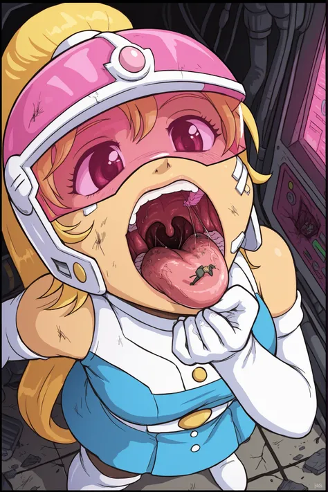 score_9, score_8_up, score_7_up, person in mouth, vore, imminent vore, face shot, giantess, 1boy, teeth, uvula, saliva, tongue, karbostyle, saliva strings, (silvia, ponytail, blonde hair, very long hair, cyan  helmet, cyan dress, bare shoulders, white glov...