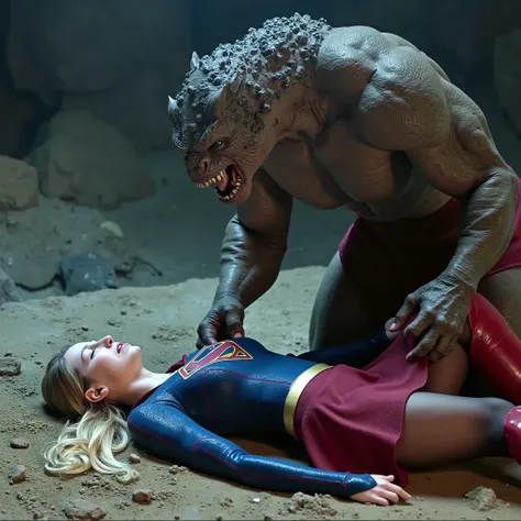 Supergirl is lying flat on the dirt, very bright white skin, can see whole body, She is wearing a thin black pantyhose, very short red skirt, flipped up skirt, red knee height long boots, blonde hair, unconsciousness, eyes close, painful face, a fierce mon...