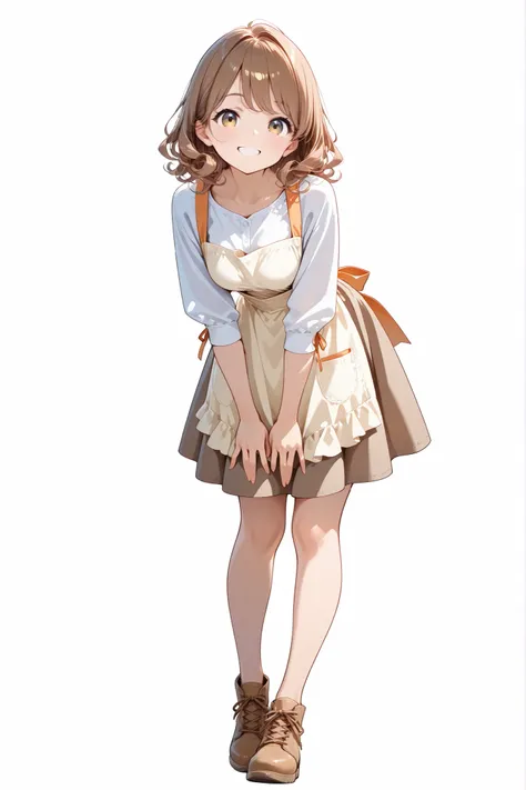 female leaning slightly forward, flat bust, medium curly hair, apron over casual wear, welcoming smile, full body in frame, transparent background, anatomical correct hands