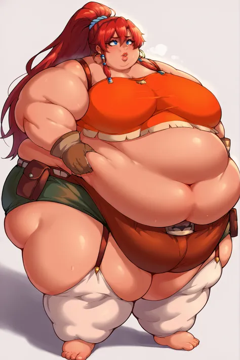 score_9, score_8_up,score_7_up, source_anime, 1girl, solo, outfitbllws, large breasts, long hair, red hair, blue eyes, ponytail,
jewelry, hoop earrings, armlet, blue scrunchie, hair beads,
tank top, orange shirt, crop top, green shorts, brown gloves, white...
