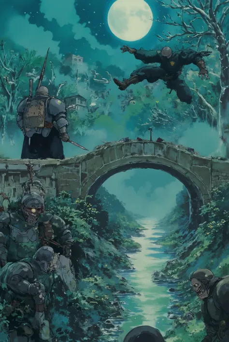 (( we are standing on an ancient stone bridge over the ditch , under the bridge, the water glitters through the fog )) In front of us : ( with his back to us is a warrior in heavy knight armor ,) with a long sword in the right hand and a large iron shield ...