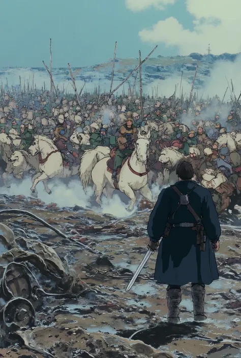 Create a dynamic and intense battle scene with a lone warrior facing an overwhelming cavalry charge. The warrior, standing in the foreground with his back to the viewer, holds a sword ready for combat. He is surrounded by muddy and grim battlefield terrain...