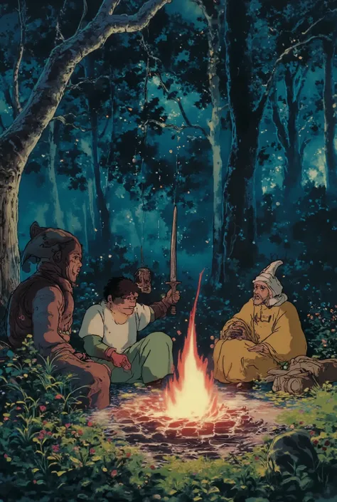 masterpiece, best quality, ultra detailed, ultra high res, 8k, anime illustration, In the depths of a mystical forest, a of four brave adventurers huddles around a crackling campfire, seeking warmth and respite from the chill of the night. The flames dance...