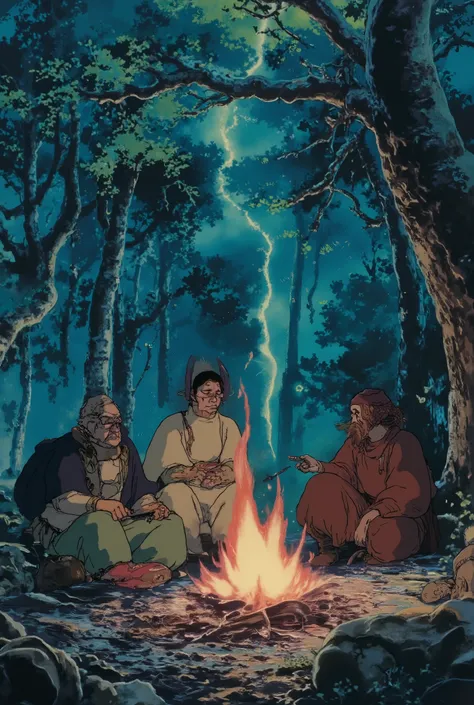 masterpiece, best quality, ultra detailed, ultra high res, 8k, anime illustration, In the depths of a mystical forest, a of four brave adventurers huddles around a crackling campfire, seeking warmth and respite from the chill of the night. The flames dance...