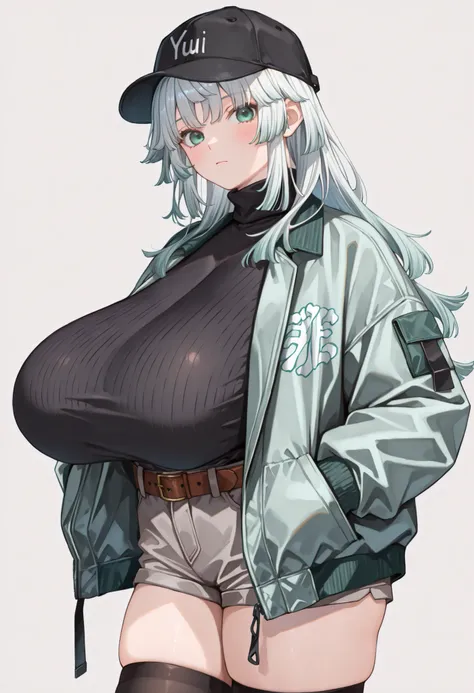 (masterpiece, best quality, perfect hands, perfect fingers), 1girl, solo, yui_shousetsu, green eyes, white hair, long hair, sidelocks, open clothes, green jacket, long sleeves, black sweater, turtleneck, black gloves, grey shorts, thighhighs, belt, black b...
