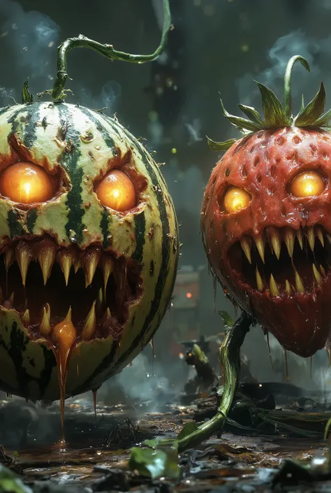 {{A ((vibrant)) depiction of {((anthropomorphic fruits in combat))}}} with {((watermelon grenades exploding mid-air and strawberry warriors wielding blade-like leaves))}. This is a {((cyberpunk surrealism))}-inspired image that showcases {((a neon-lit frui...