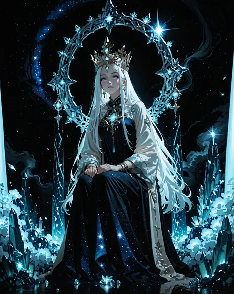 The image depicts a serene figure with long, straight white hair adorned with a celestial crown-like halo composed of crystal shards. She is wearing a shimmering outfit with icy textures, shear material, and her pose is elegant, with hands resting on her ...
