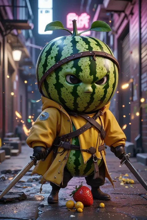 {{A ((vibrant)) depiction of {((anthropomorphic fruits in combat))}}} with {((watermelon grenades exploding mid-air and strawberry warriors wielding blade-like leaves))}. This is a {((cyberpunk surrealism))}-inspired image that showcases {((a neon-lit frui...