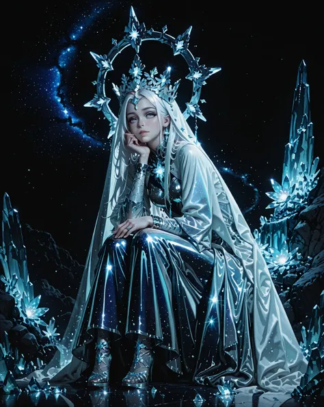 The image depicts a serene figure with long, straight white hair adorned with a celestial crown-like halo composed of crystal shards. She is wearing a shimmering latex outfit with icy textures, and her pose is elegant, with hands resting on her knees. The...