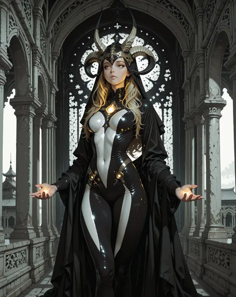 blonde long hair with headpiece and horns, modern religious-themed outfit with black and white colors, fitted and revealing bodysuit, relaxed pose with arms slightly extended, indoor setting with arched architecture, soft natural light from windows, mystic...