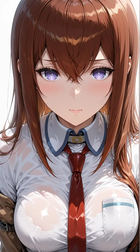 (Steins Gate, makise kurisu, medium breasts,curvy),white background ,Flat-soled sneakers,close up face shot,ランダムな表情