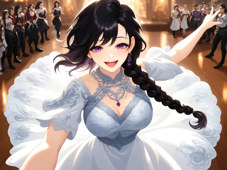 manhwa style, noble woman elegant tied wavy Black hair, single braid side hairstyle, half closed purple eyes, round breasts, beautiful face, beautiful noble woman, cool woman, having fun, laughing, big smile perfect fair porcelain skin, wearing white detai...