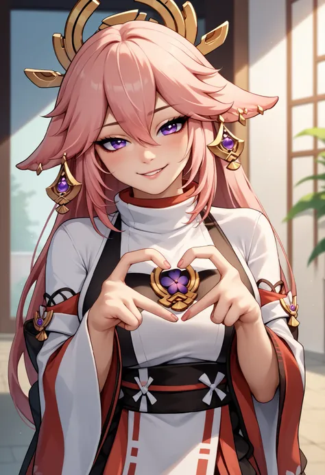 score_9, score_8_haut, score_7_haut, 4-finger  heart hands,  heart hands,  heart, 1girl, yae miko,  