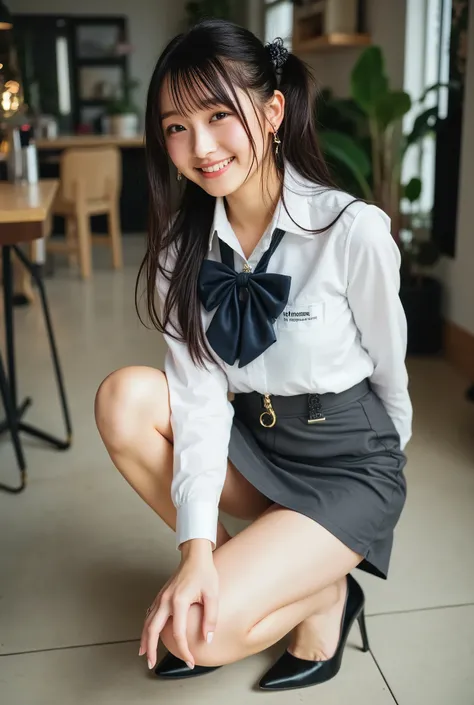 top quality, Sleek long black hair , Professional Office Lady with Long Dark Hair, dynamic squat pose, detailed eye and skin texture, studio lighting, 30 years old, dark eyes, elegant, medium breasts, plump lips, earrings, necklace, Charcoal Tight Suit...