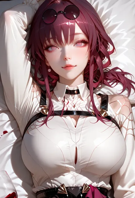 ultra detailed realistic busty kafka half body, red wine hair, red wine color eyes, sexy white shirt kafka outfit, background, ray tracing,  kafka ponytail hair, lie on the bed, perfect cute face, cute pose sexy, 
