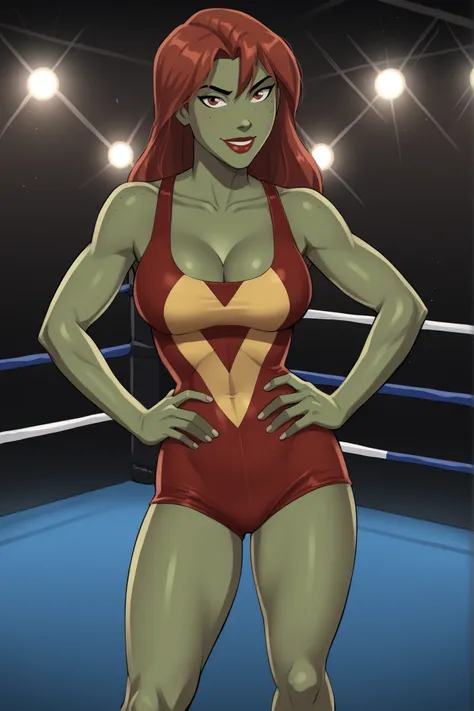 PonyXLV6_Scores BREAK (perfect anatomy, perfect eyes), BREAK mgann morzz, long hair, red hair, colored skin, green skin, freckles, brown eyes, makeup, bright red lipstick, ((looking at viewer)), superhero, large breasts, cleavage, happy expression, dark bl...